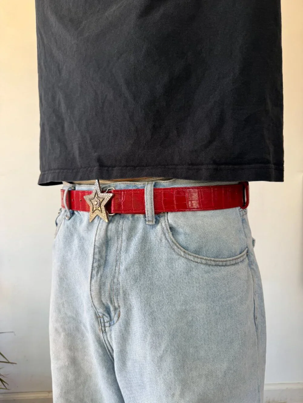 Red Croc-Embossed Western Belt with Star Buckle